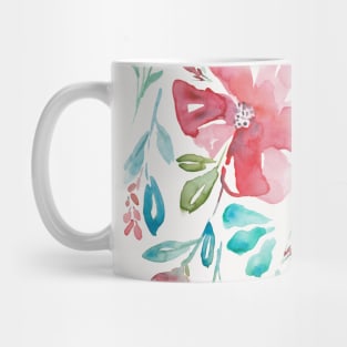 Watercolor of red flowers and turquoise leaves over blue Mug